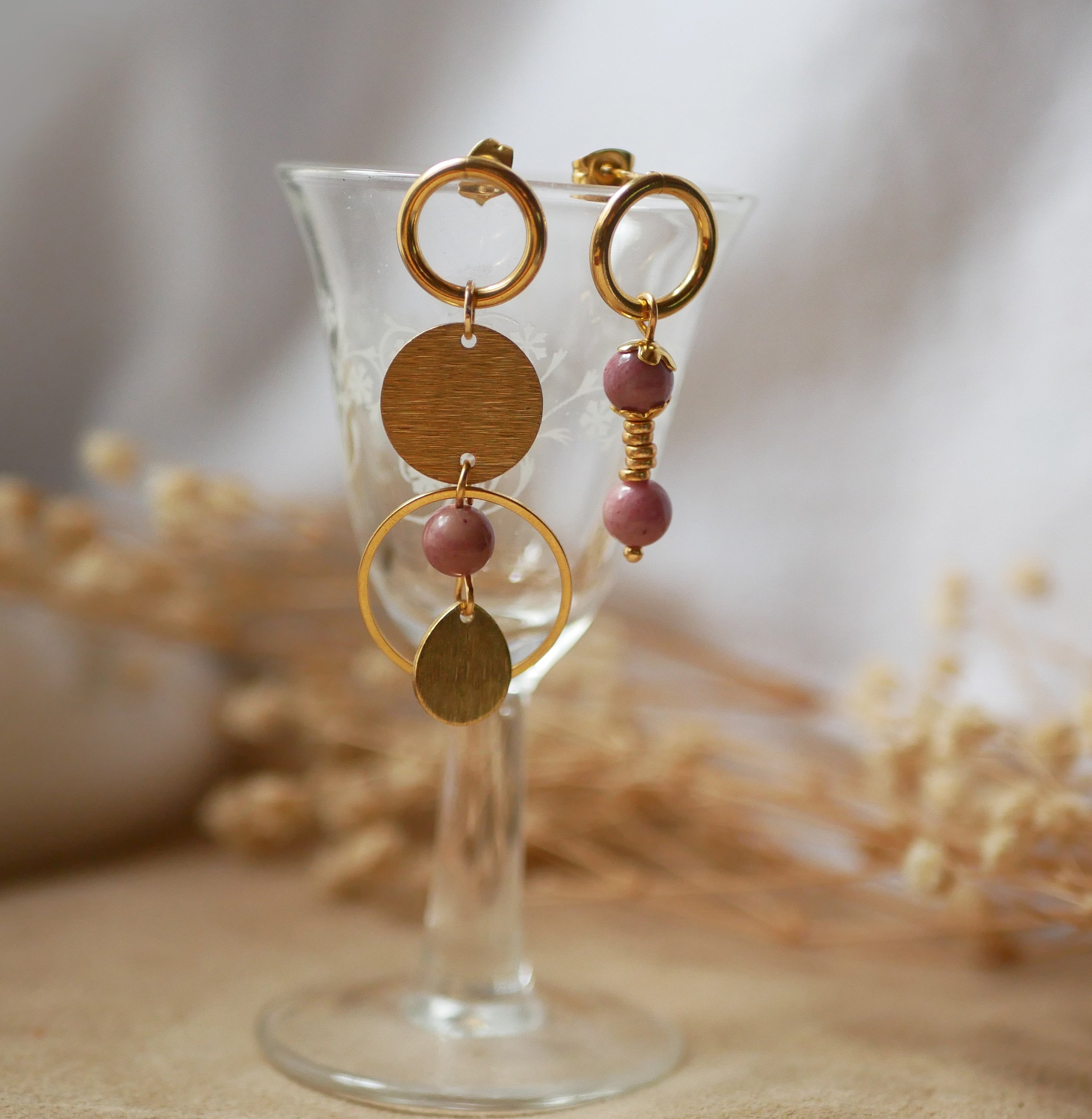 Solo earring with gold hoops and rounds and pink Rhodonite pearl