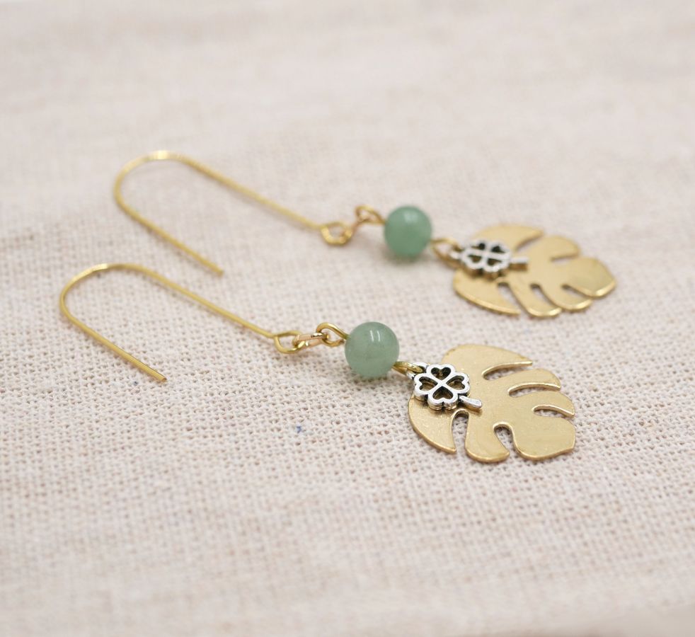 Earrings raw brass leaves monstera and clover