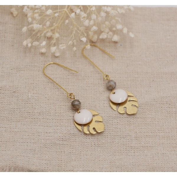 Earrings raw brass monstera leaves and white sequins