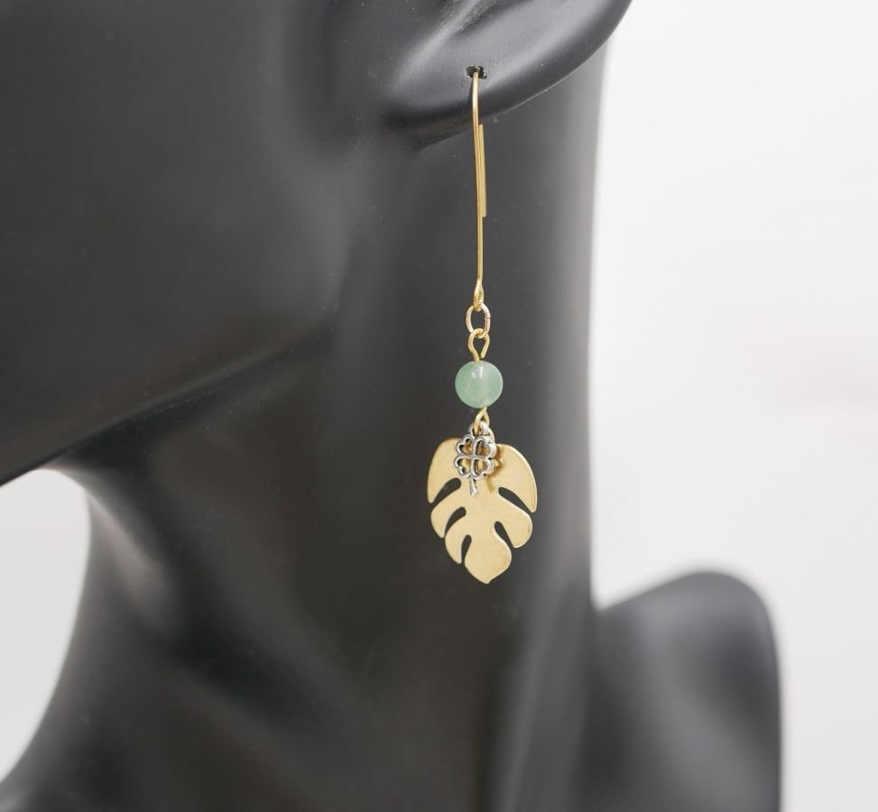 Earrings raw brass leaves monstera and clover