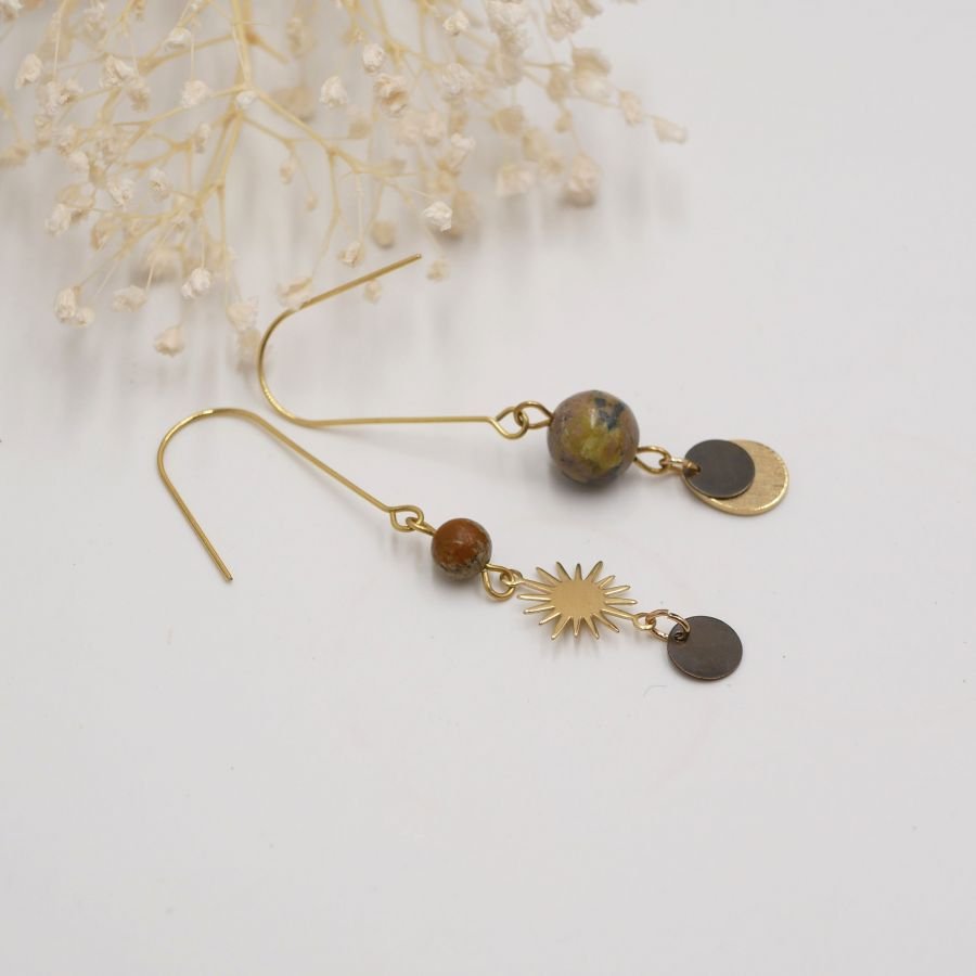 Soleil and stones raw brass earrings