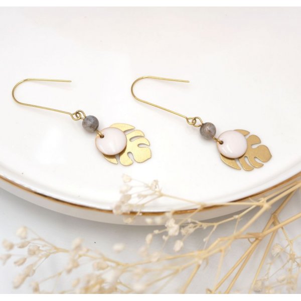 Earrings raw brass monstera leaves and white sequins