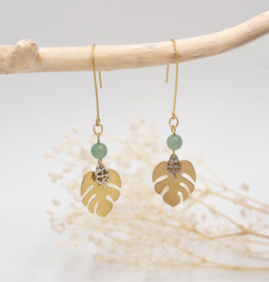 Earrings raw brass leaves monstera and clover