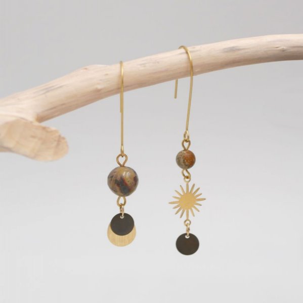 Soleil and stones raw brass earrings
