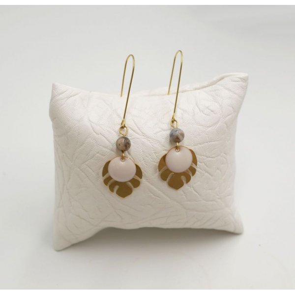 Earrings raw brass monstera leaves and white sequins