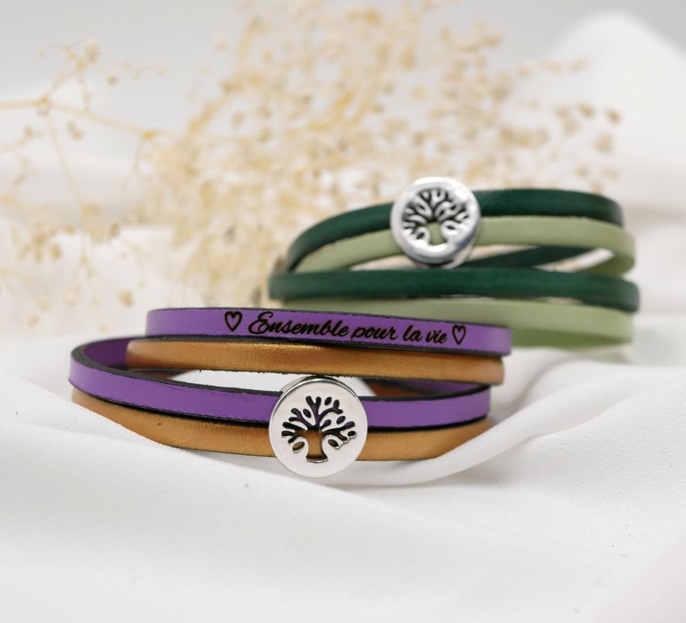 Tree of life bracelet on double leather personalized by engraving