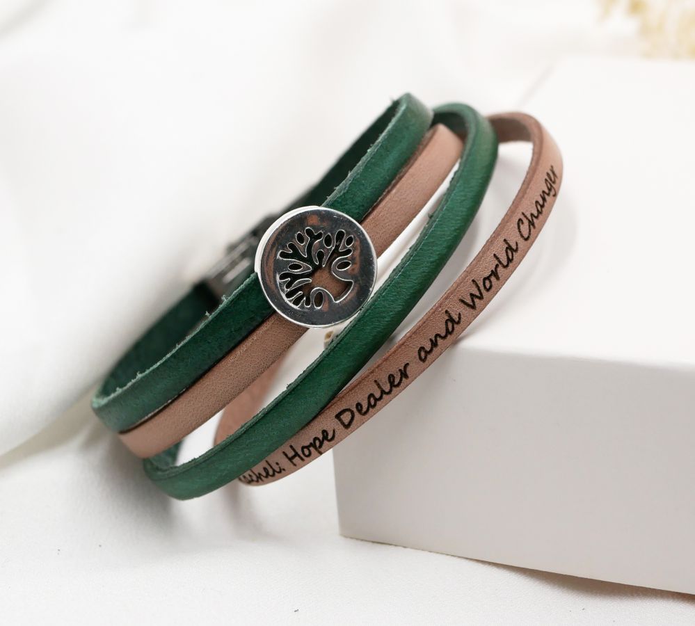 Tree of life bracelet on double leather personalized by engraving