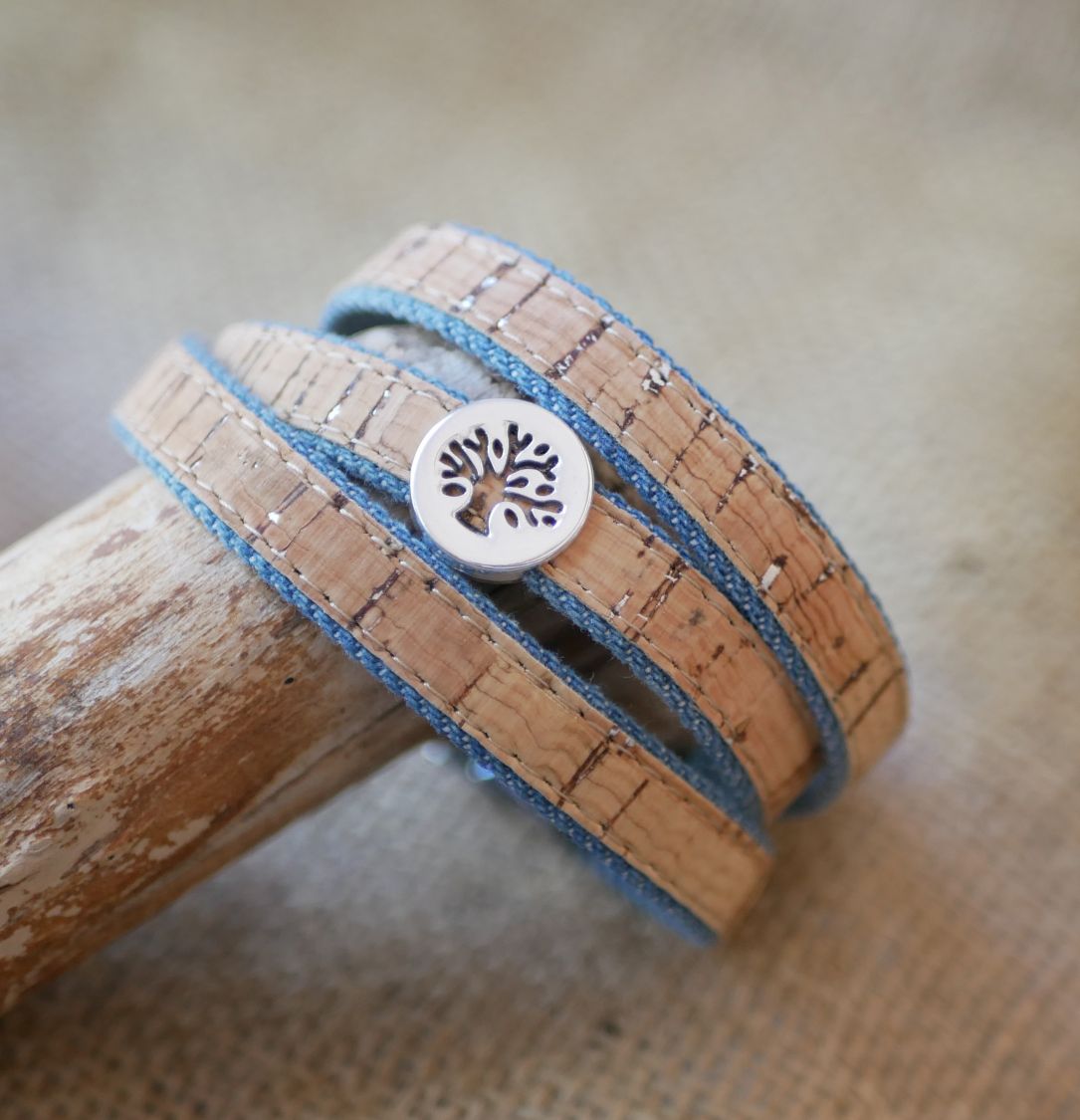 Tree of life bracelet on cork and cotton Jean's in single, double or triple turn