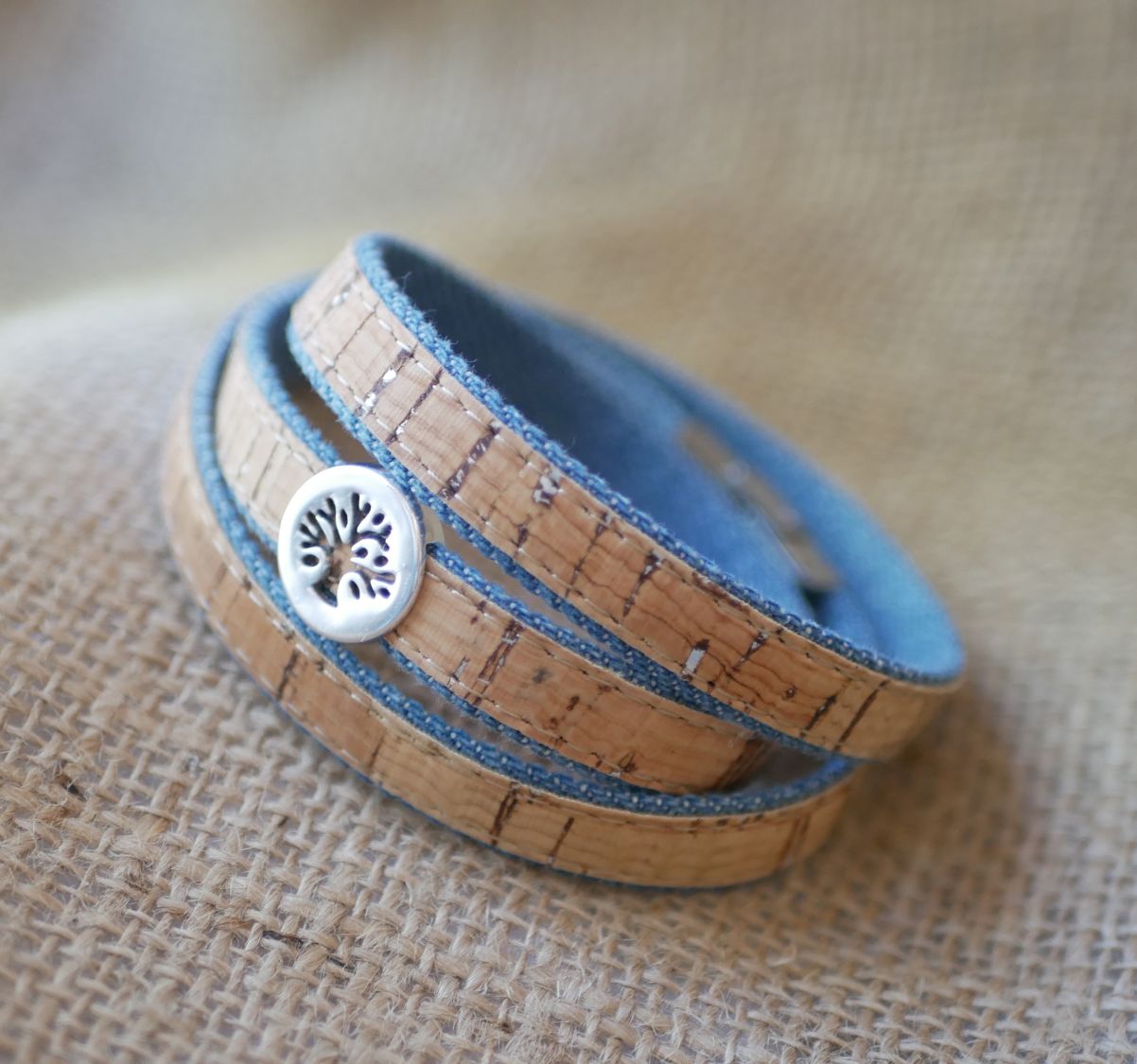 Tree of life bracelet on cork and cotton Jean's in single, double or triple turn