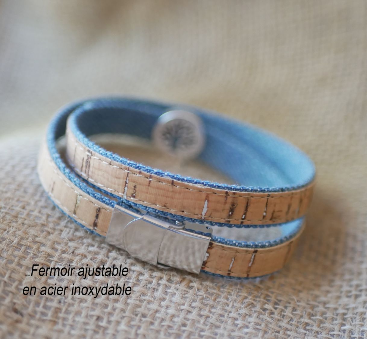 Tree of life bracelet on cork and cotton Jean's in single, double or triple turn