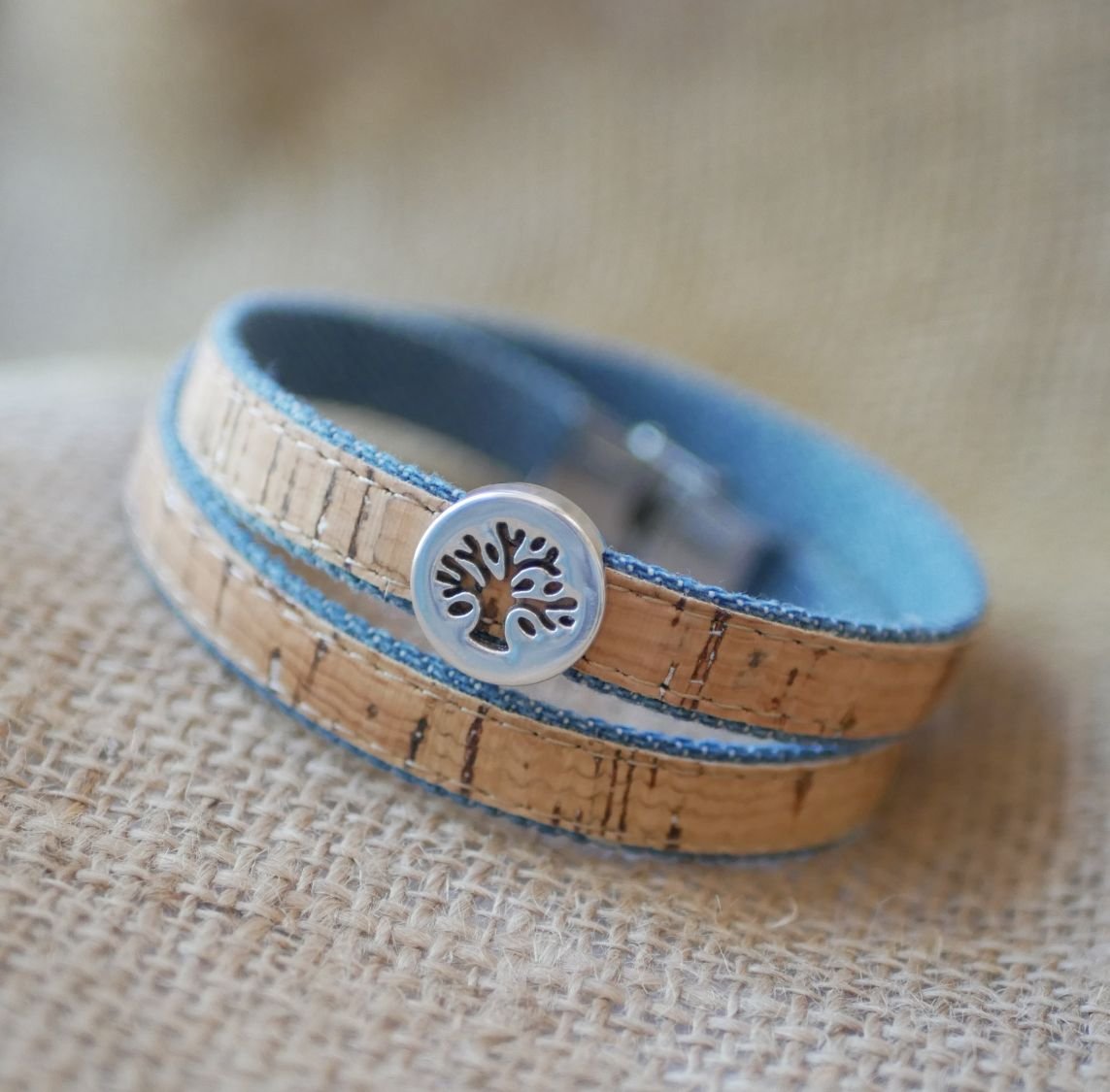 Tree of life bracelet on cork and cotton Jean's in single, double or triple turn