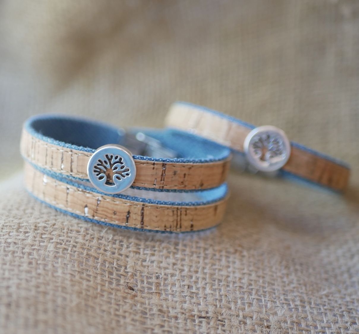 Tree of life bracelet on cork and cotton Jean's in single, double or triple turn