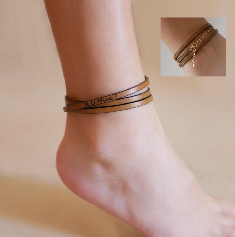 Customizable fine leather ankle bracelet 3 turns