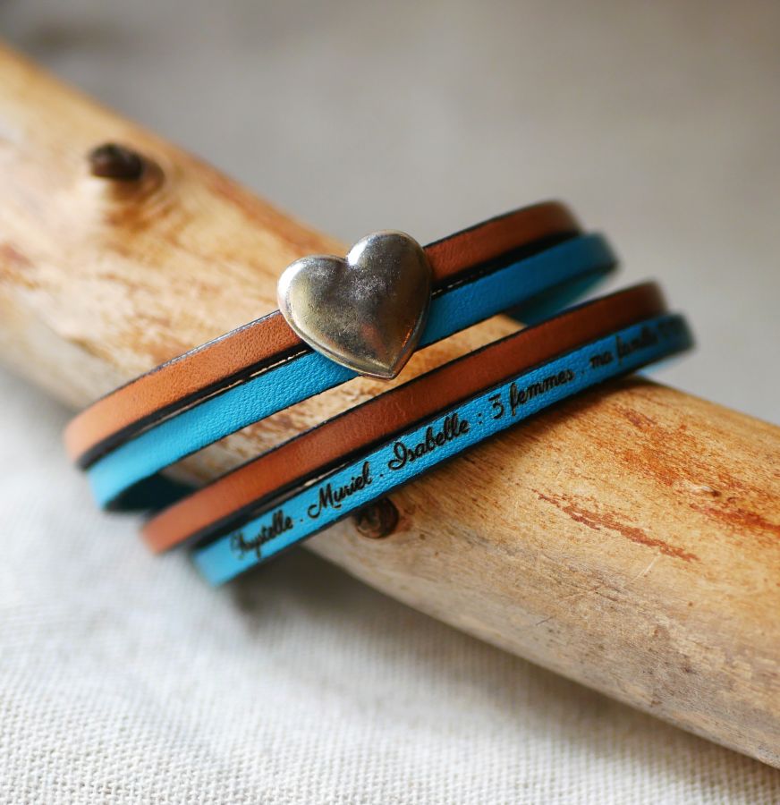 Double leather bracelet with silver heart to be personalized by engraving