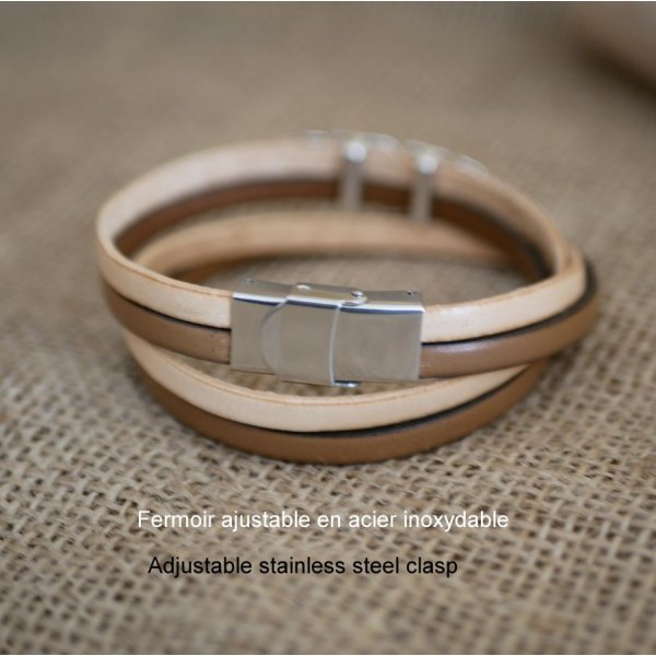 Double leather strap in duo decorated with a silver feather