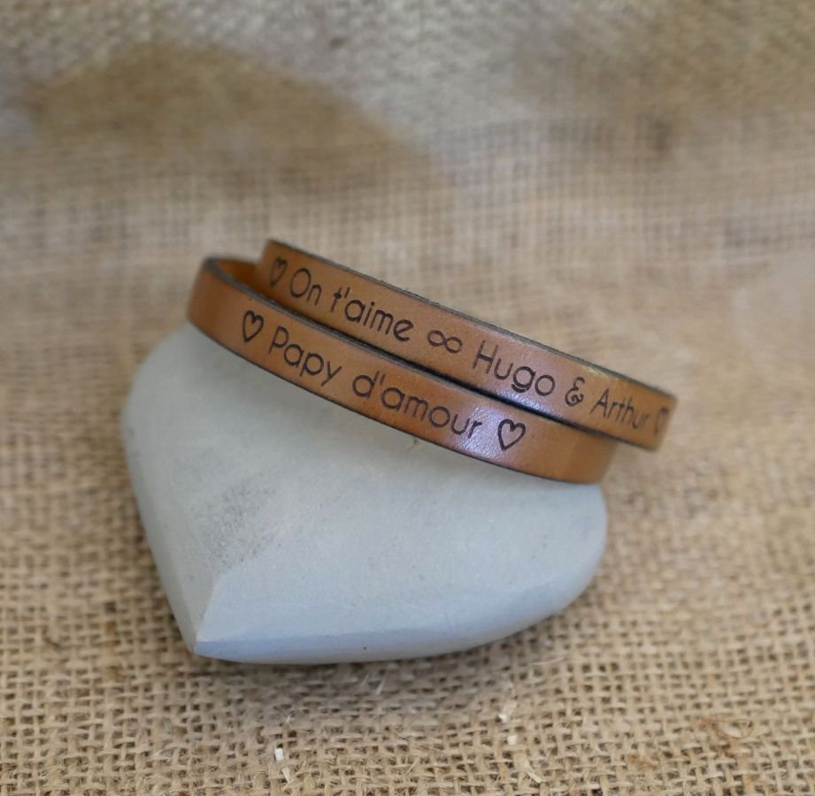 Leather bracelet double turns man or woman customizable by engraving