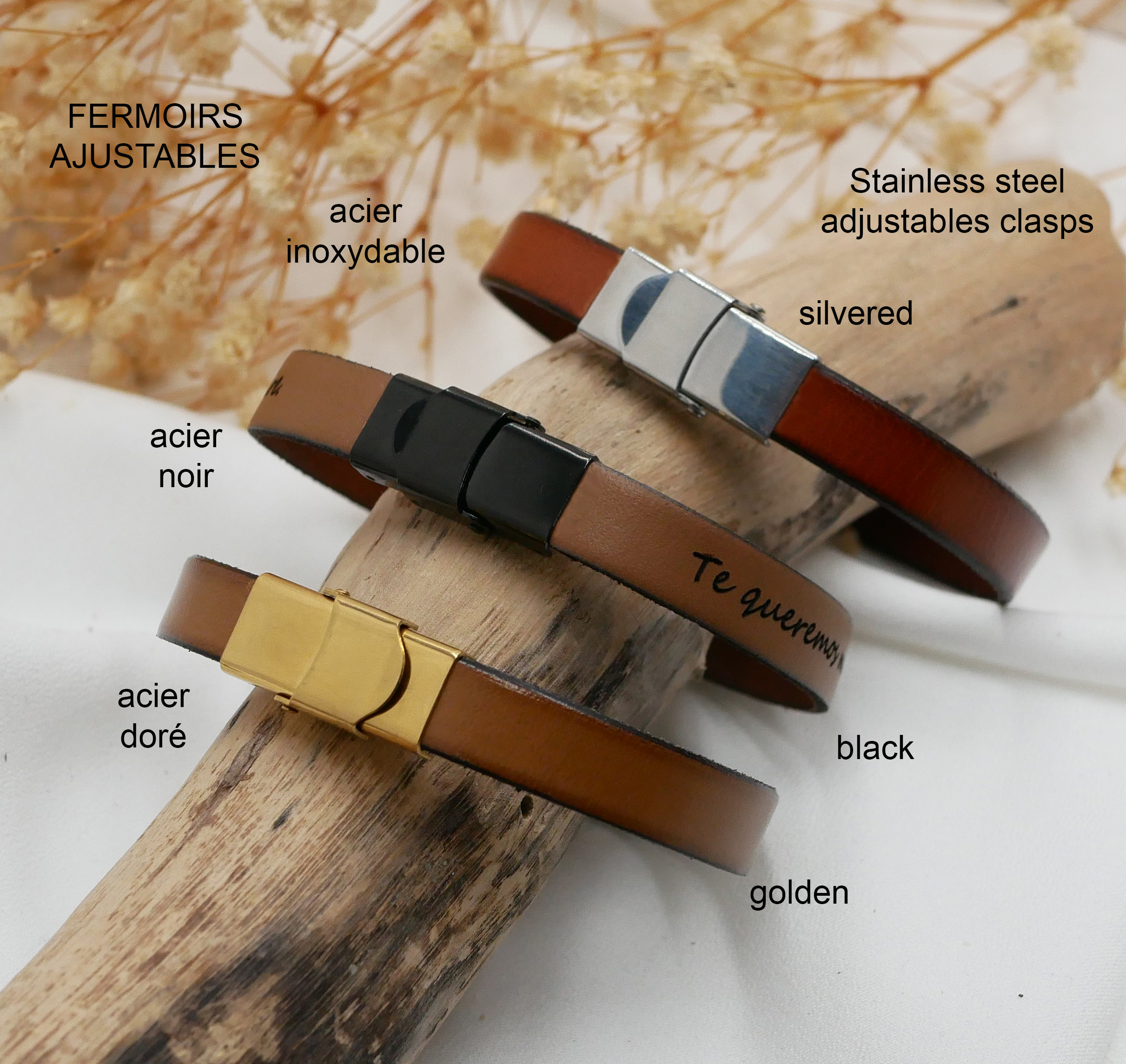 Leather bracelet double turns man or woman customizable by engraving