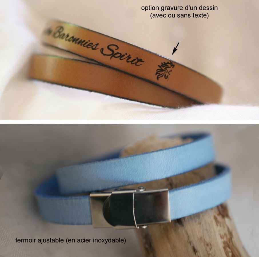 Leather bracelet double turns man or woman customizable by engraving