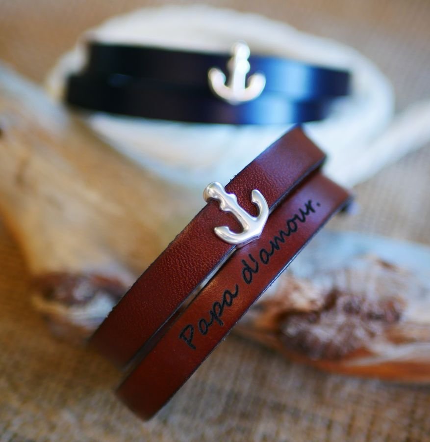 Leather bracelet with double wristband and marine anchor decoration, customizable 