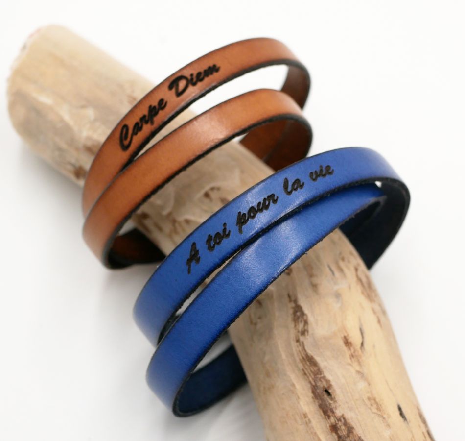 Leather bracelet double turns man or woman customizable by engraving