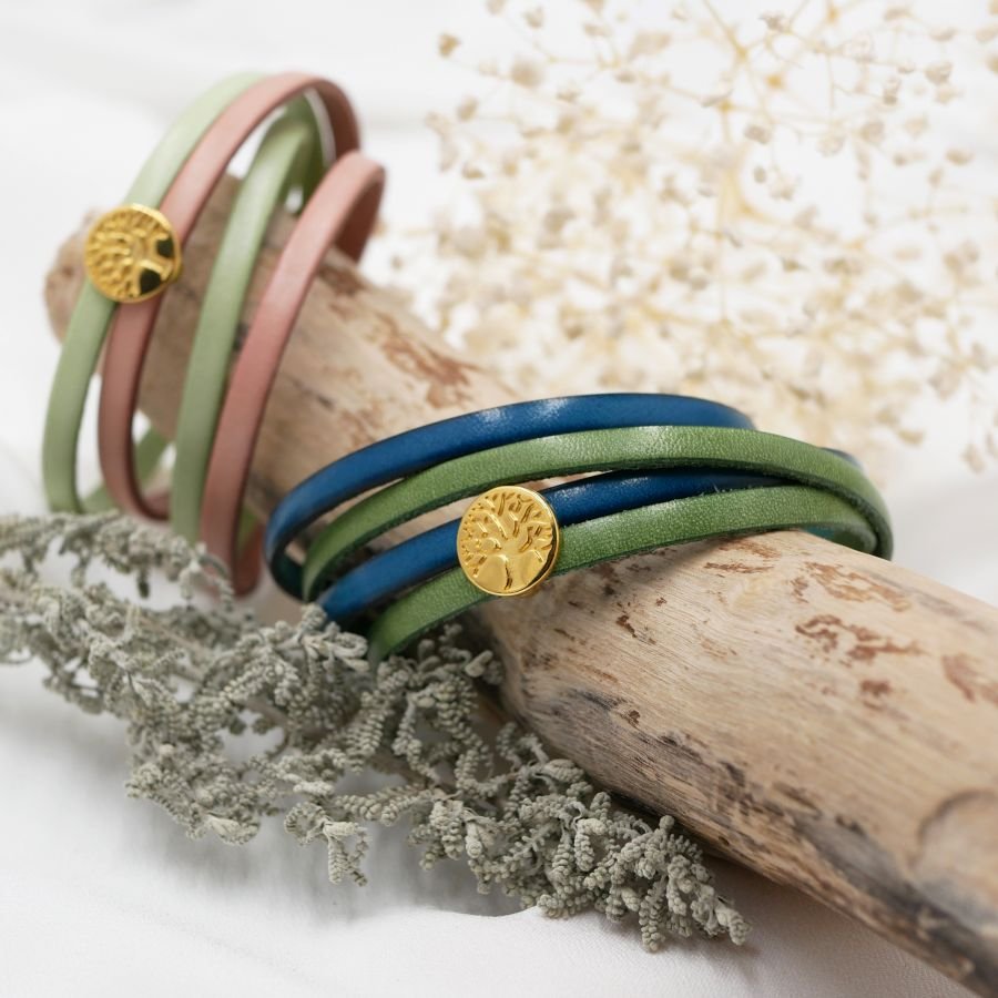 Leather bracelet in duo of colors customizable with golden cabochon Tree of Life