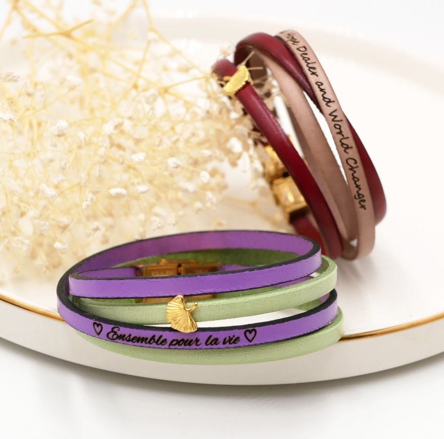 Zen leather bracelet in duo of colors customizable with golden ginkgo 