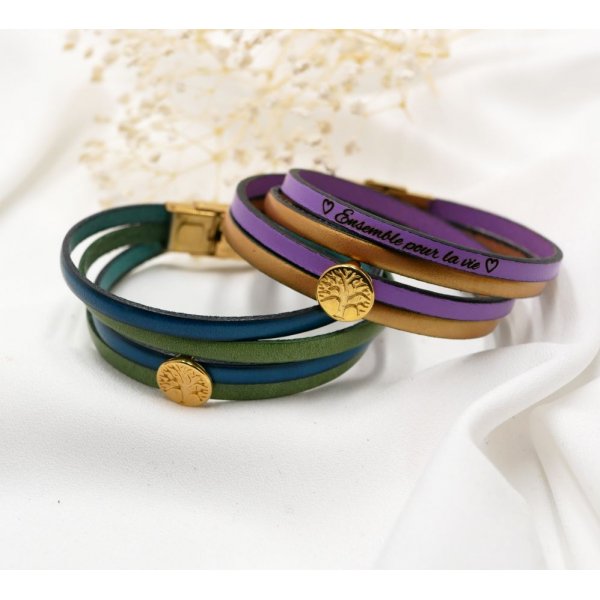 Leather bracelet in duo of colors customizable with golden cabochon Tree of Life