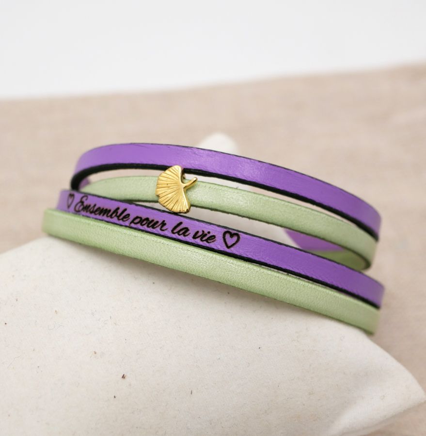 Zen leather bracelet in duo of colors customizable with golden ginkgo 