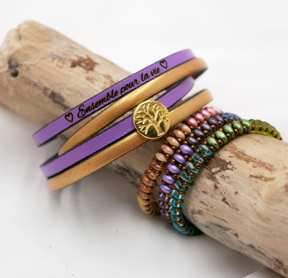 Leather bracelet in duo of colors customizable with golden cabochon Tree of Life