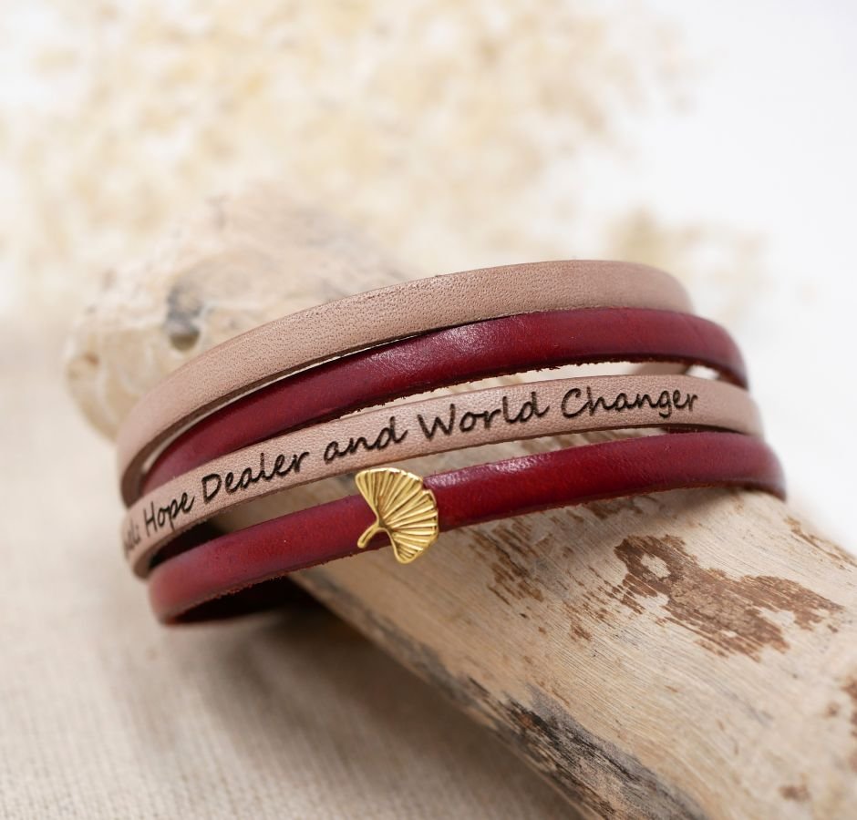 Zen leather bracelet in duo of colors customizable with golden ginkgo 