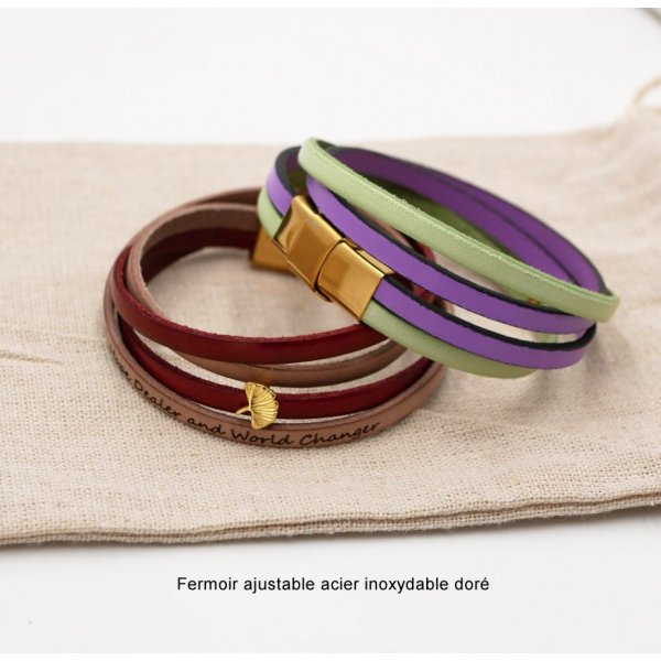 Zen leather bracelet in duo of colors customizable with golden ginkgo 