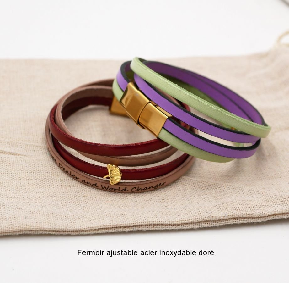 Zen leather bracelet in duo of colors customizable with golden ginkgo 