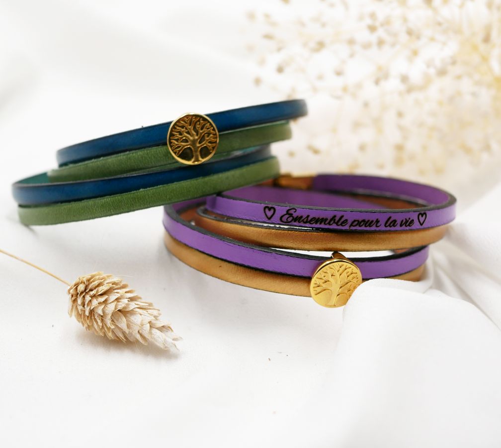 Leather bracelet in duo of colors customizable with golden cabochon Tree of Life