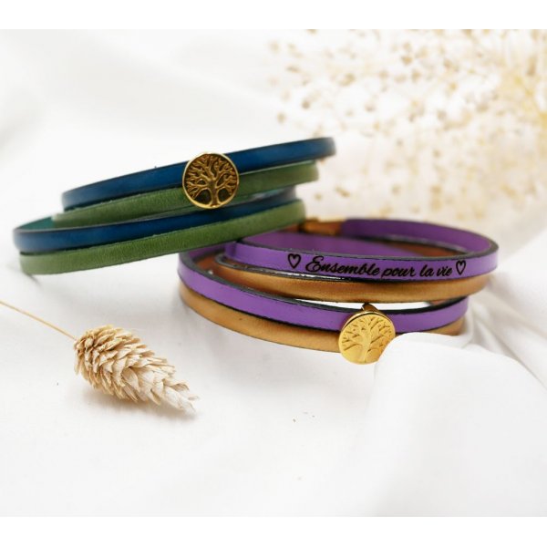 Leather bracelet in duo of colors customizable with golden cabochon Tree of Life