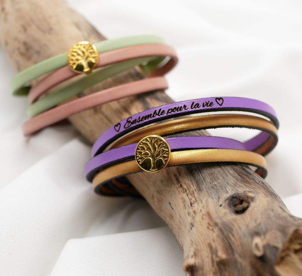 Leather bracelet in duo of colors customizable with golden cabochon Tree of Life