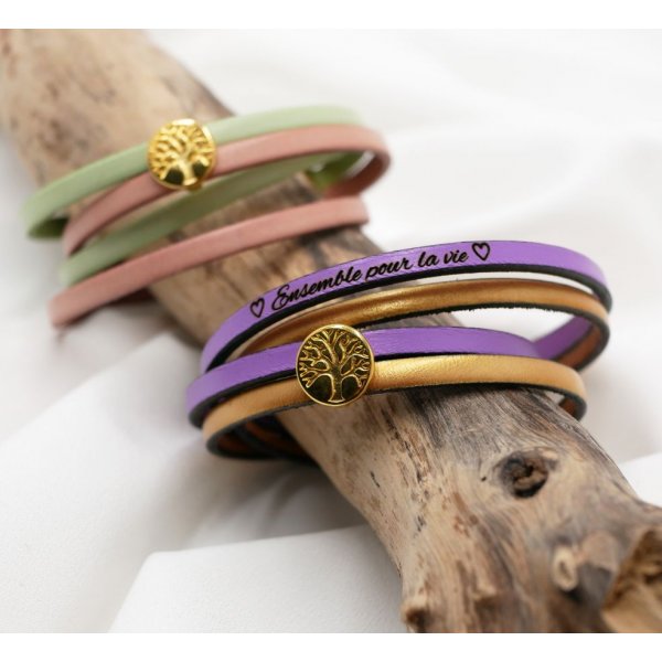 Leather bracelet in duo of colors customizable with golden cabochon Tree of Life