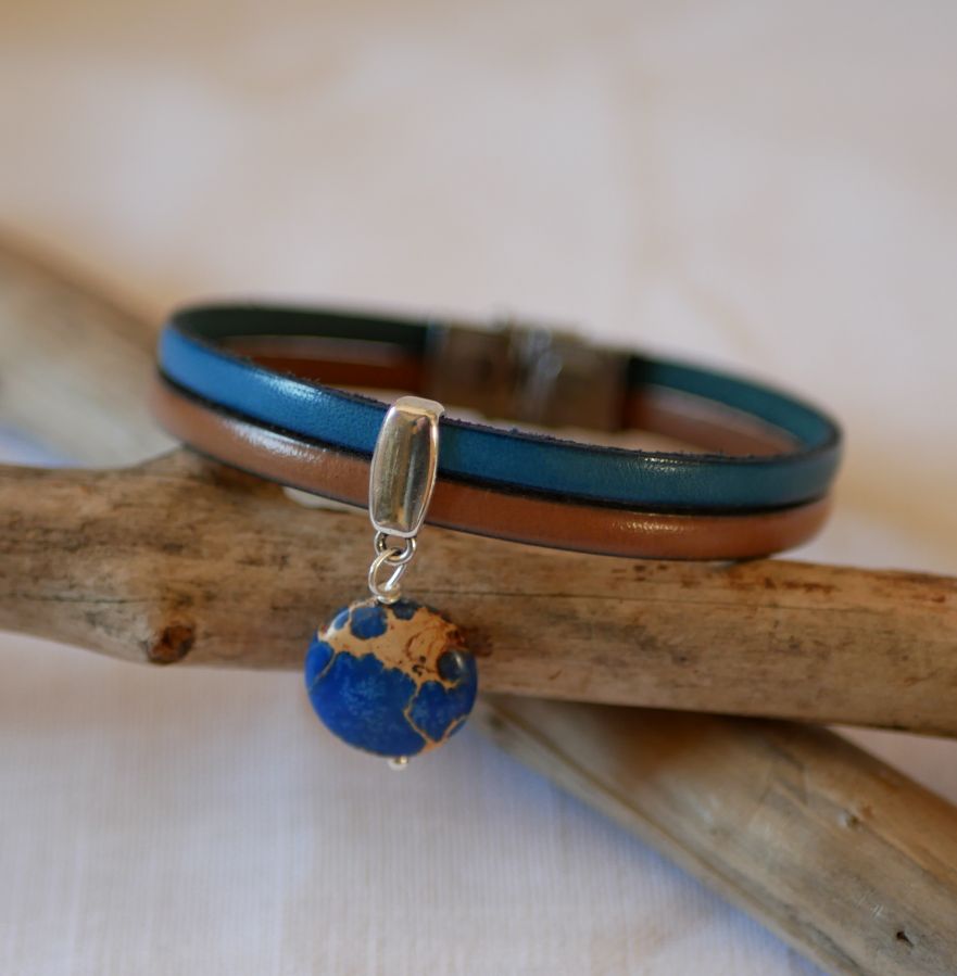 Duo leather strap with blue jasper disc stone 