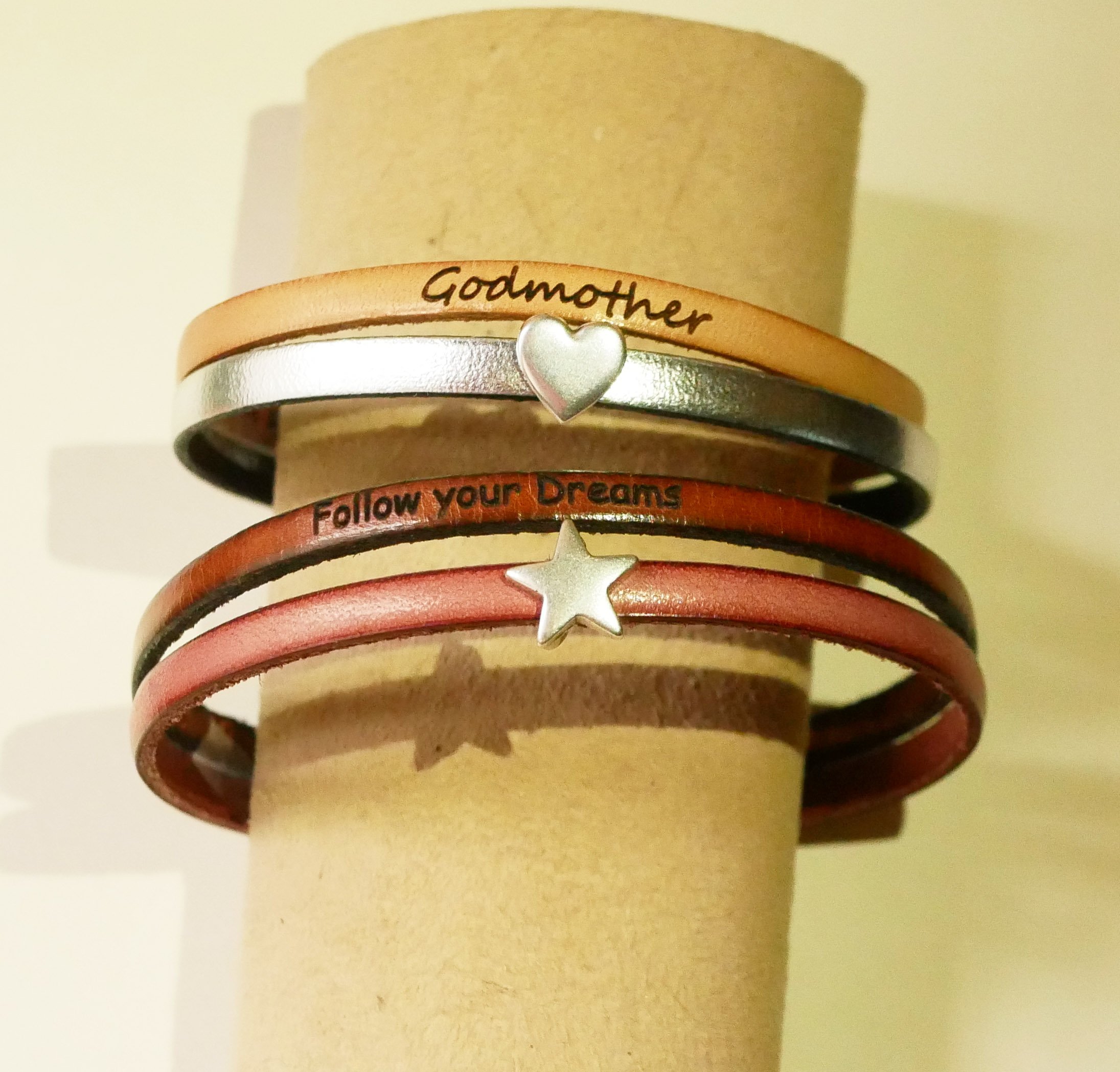 Leather duo bracelet to personalize with a heart, star or infinity loop