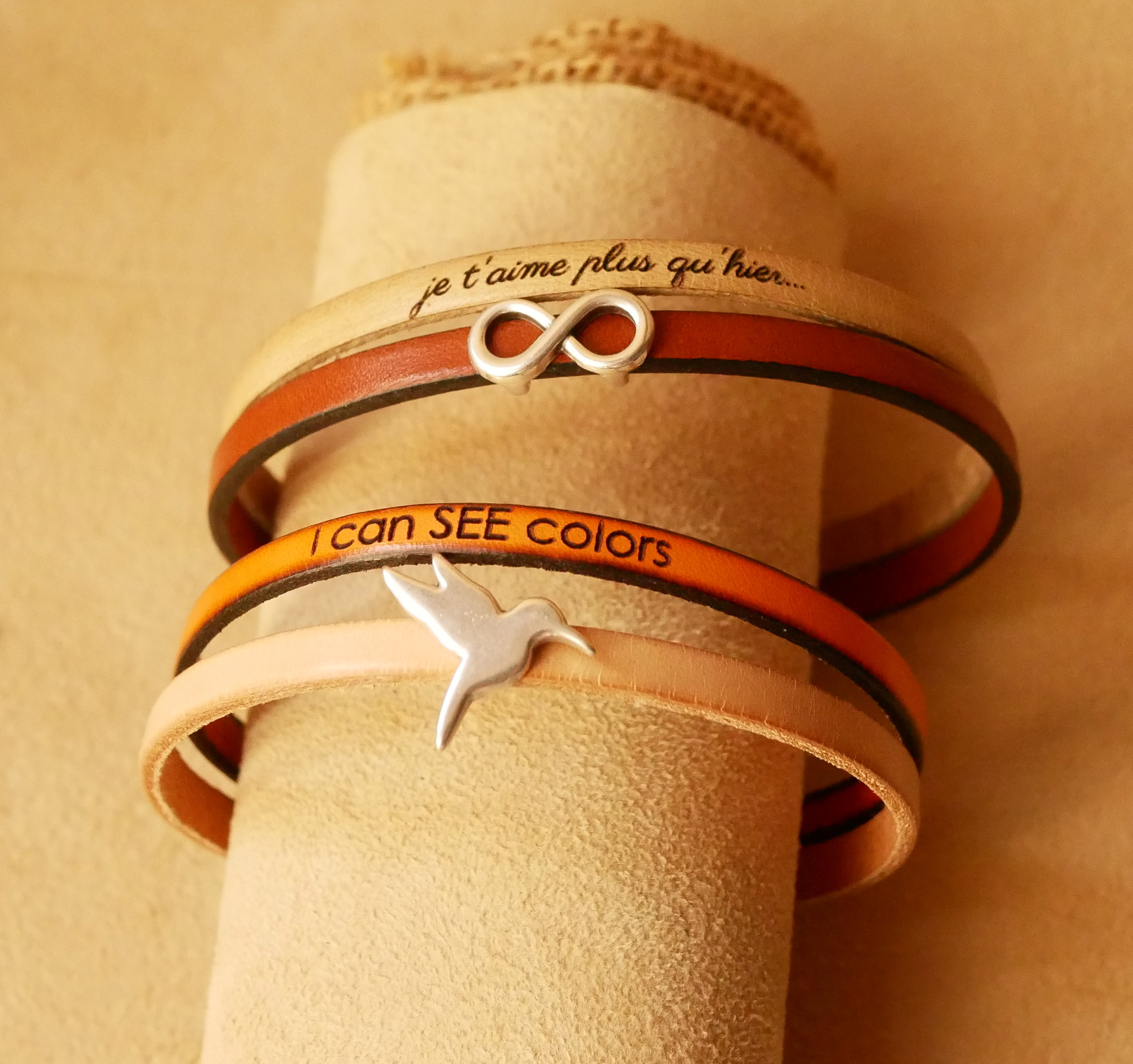 Leather duo bracelet to personalize with a heart, star or infinity loop