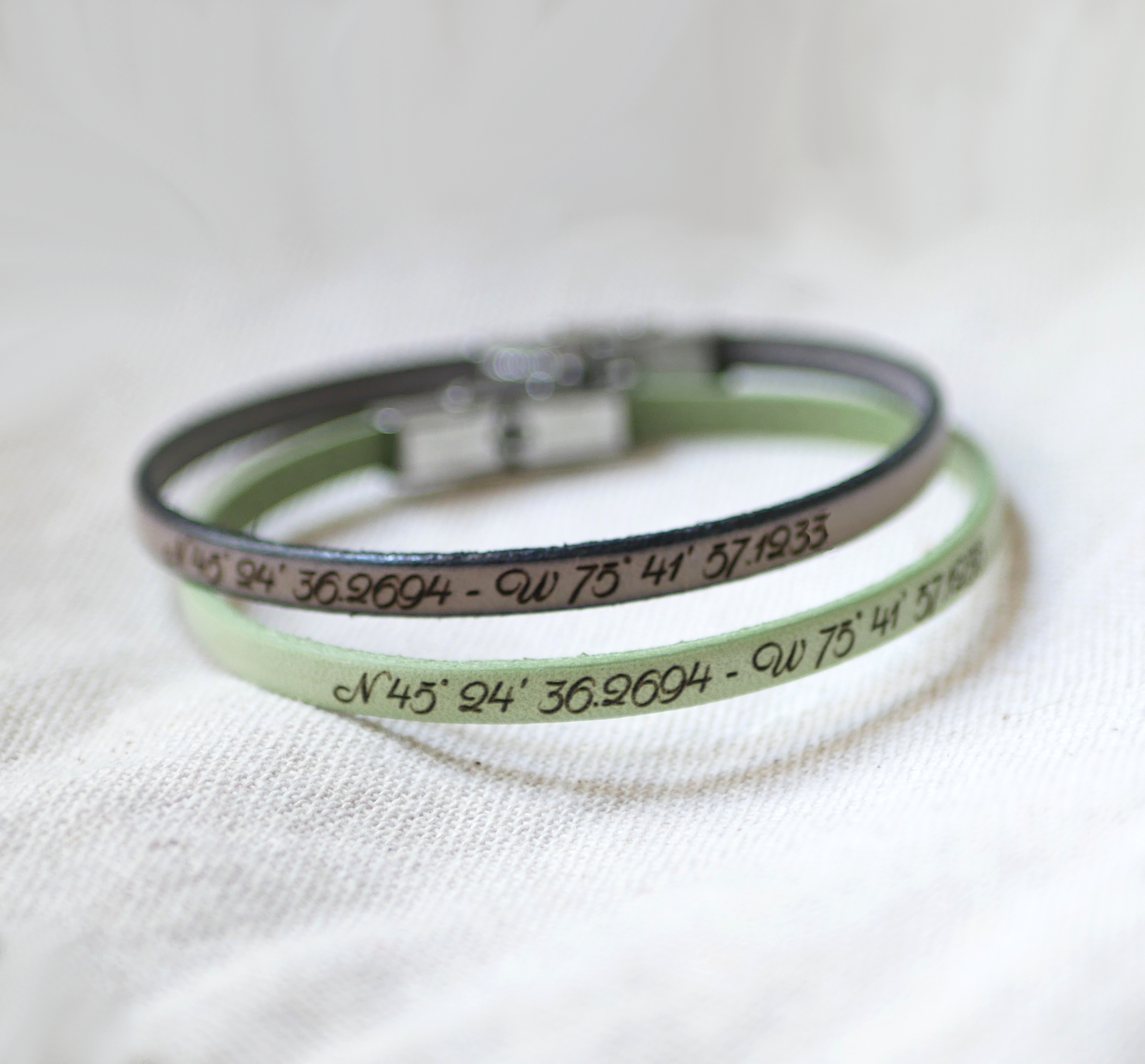 Gift for a couple 2 personalized leather bracelets with the same engraving 