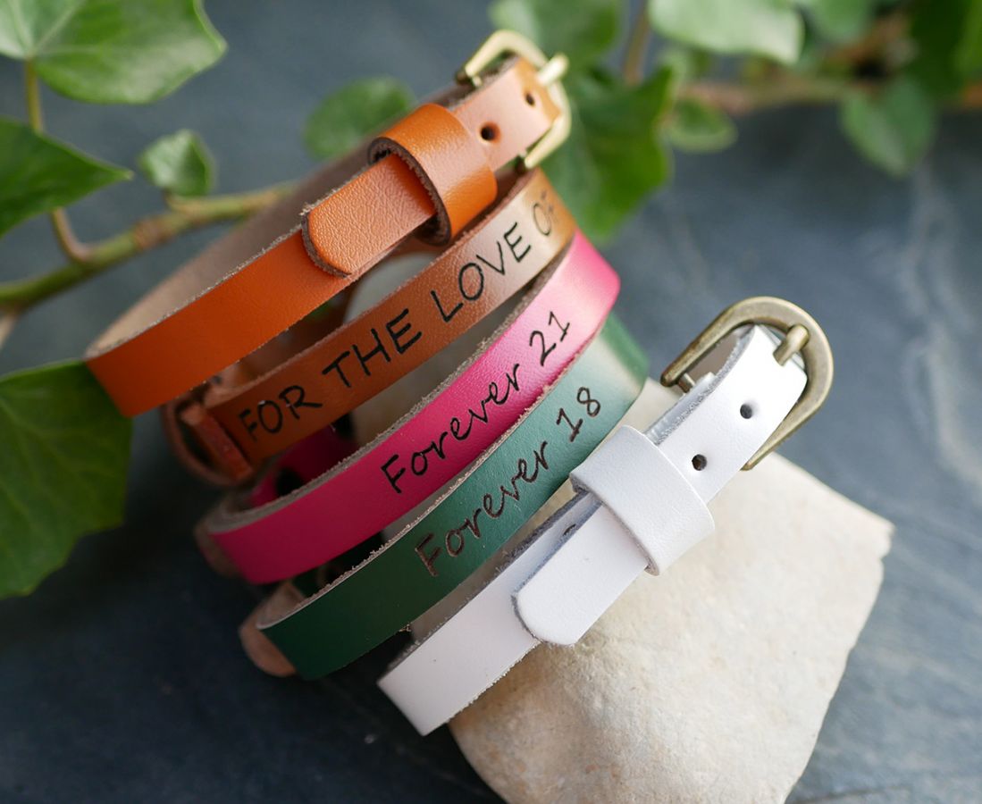 Engraved leather bracelet single turn to personalize mixed adult child