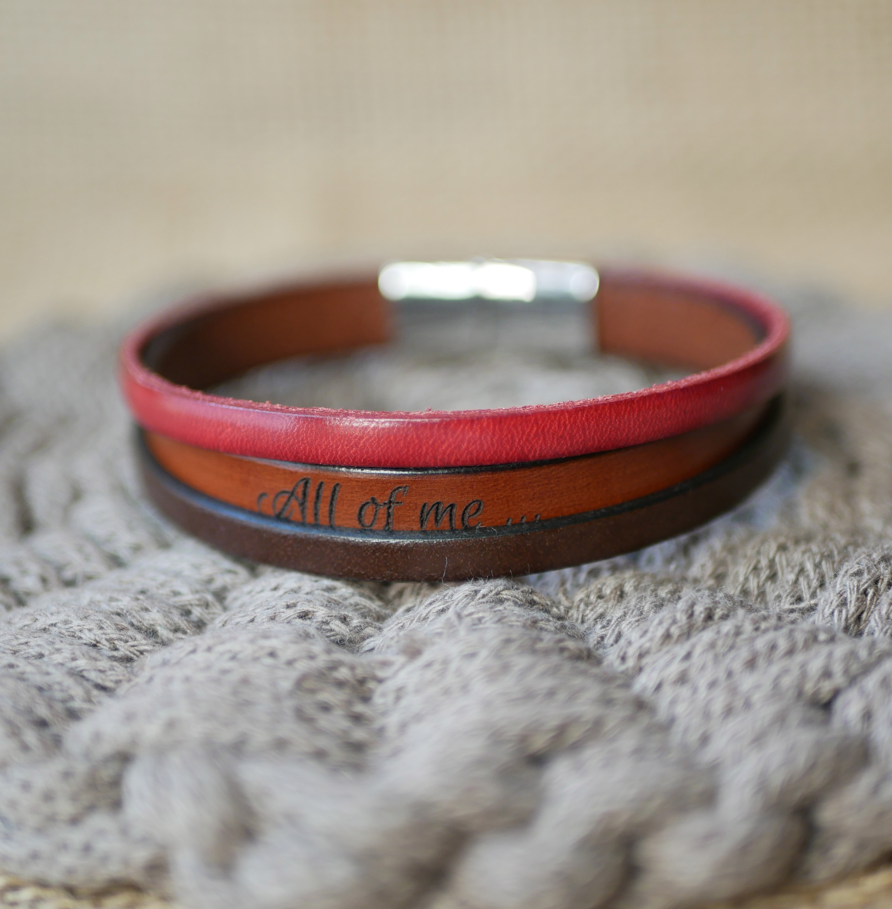 Two-tone men's leather bracelet with hidden engraved message