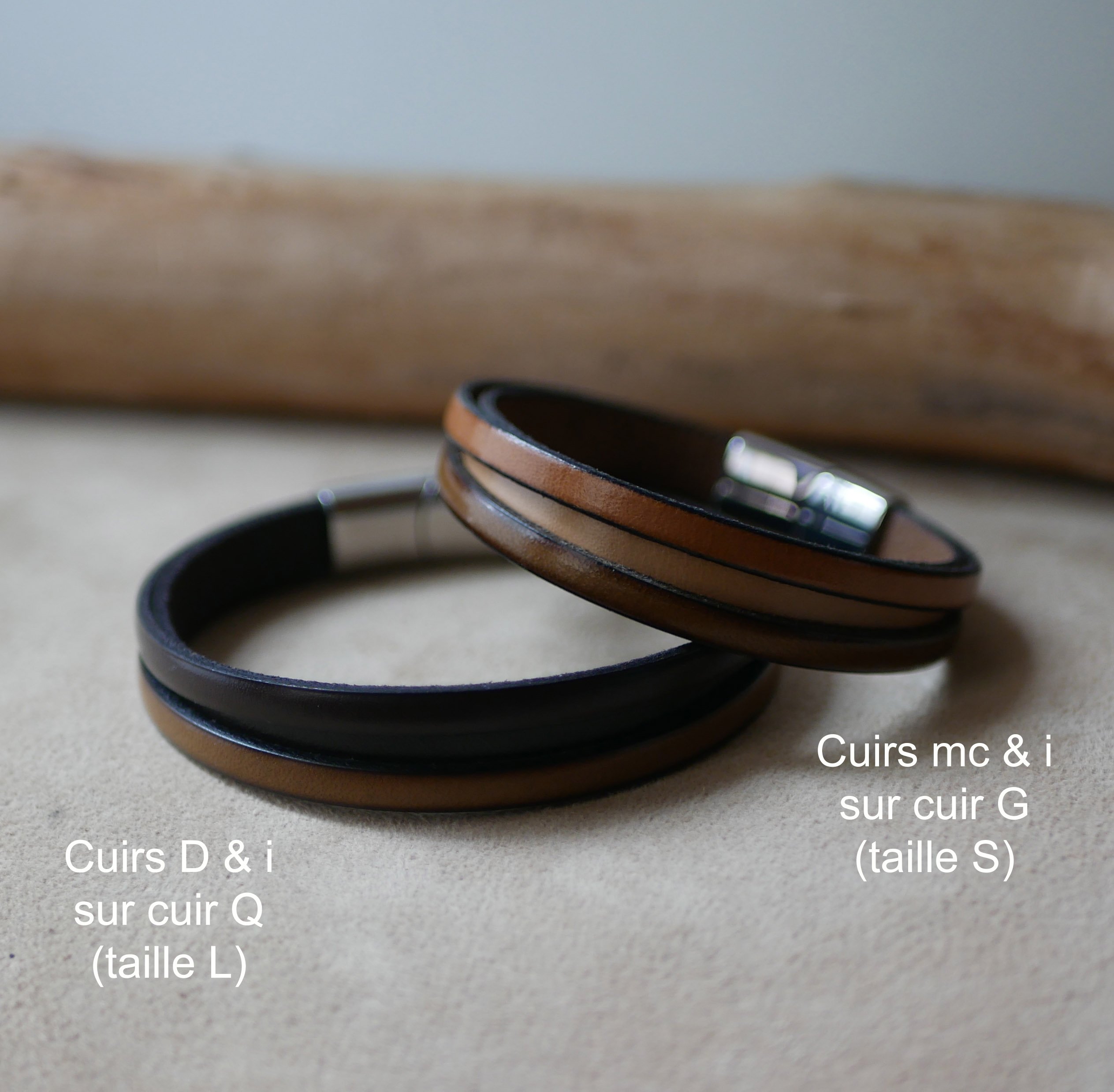 Two-tone men's leather bracelet with hidden engraved message