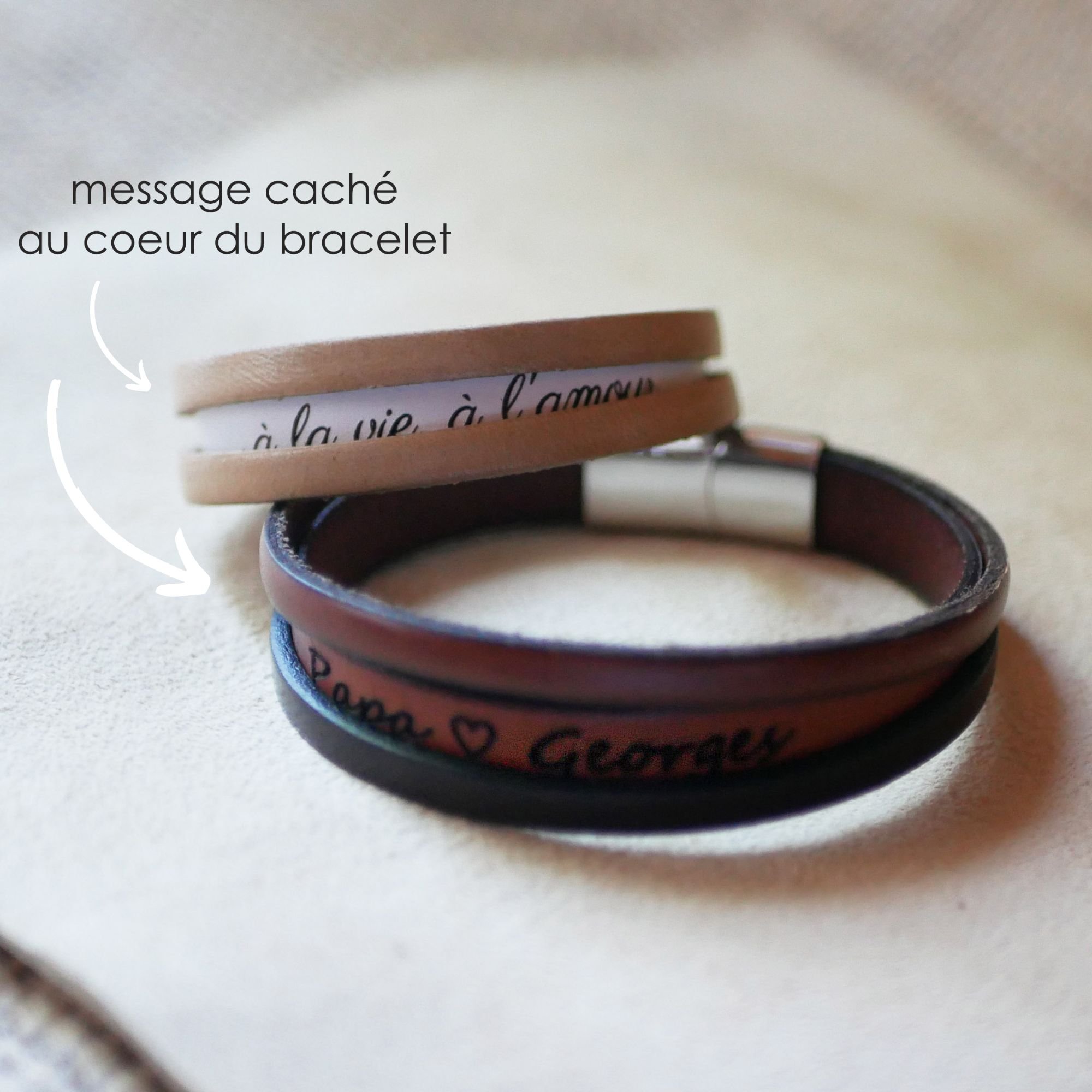 Two-tone men's leather bracelet with hidden engraved message