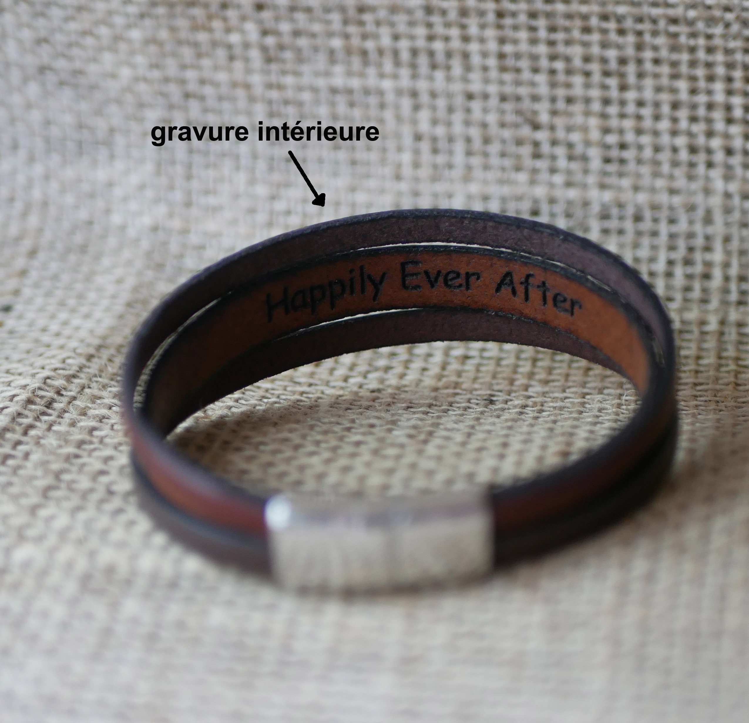 Two-tone men's leather bracelet with hidden engraved message