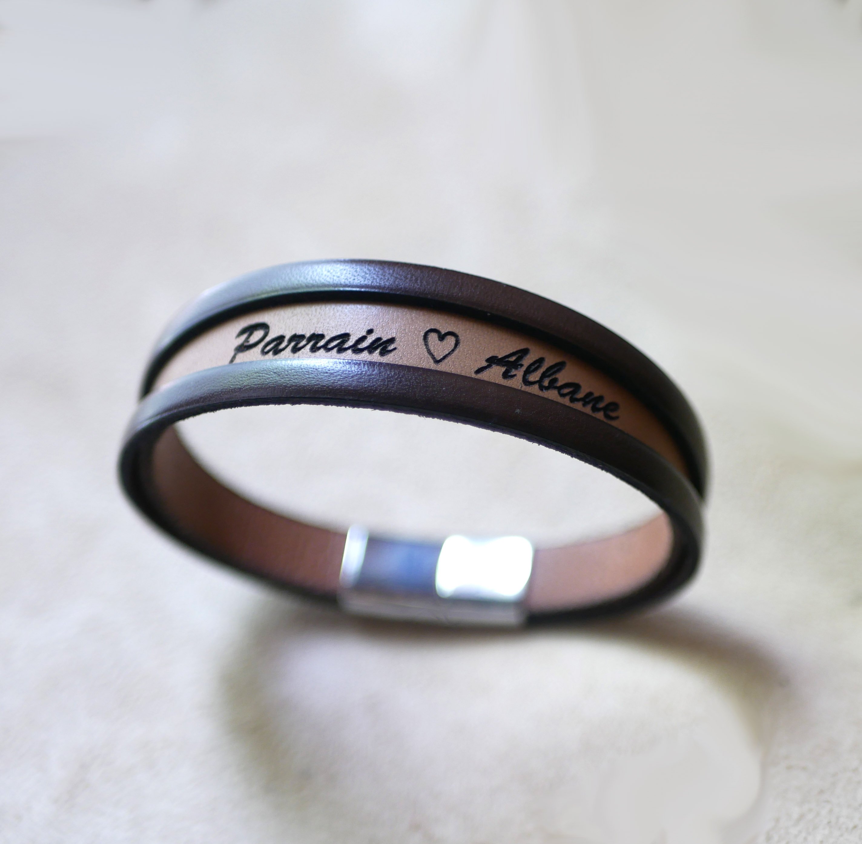 Two-tone men's leather bracelet with hidden engraved message