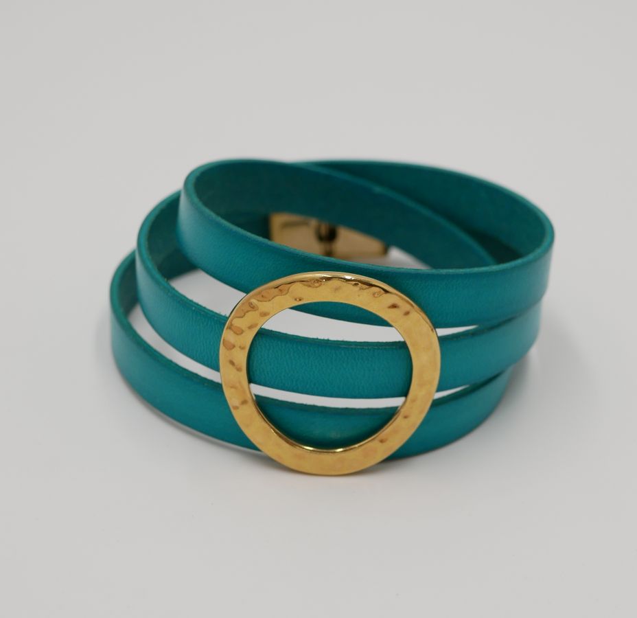 Leather bracelet large gold ring customizable 3 turns of the wrist