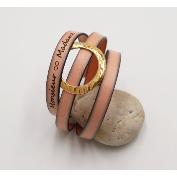 Leather bracelet large gold ring customizable 3 turns of the wrist