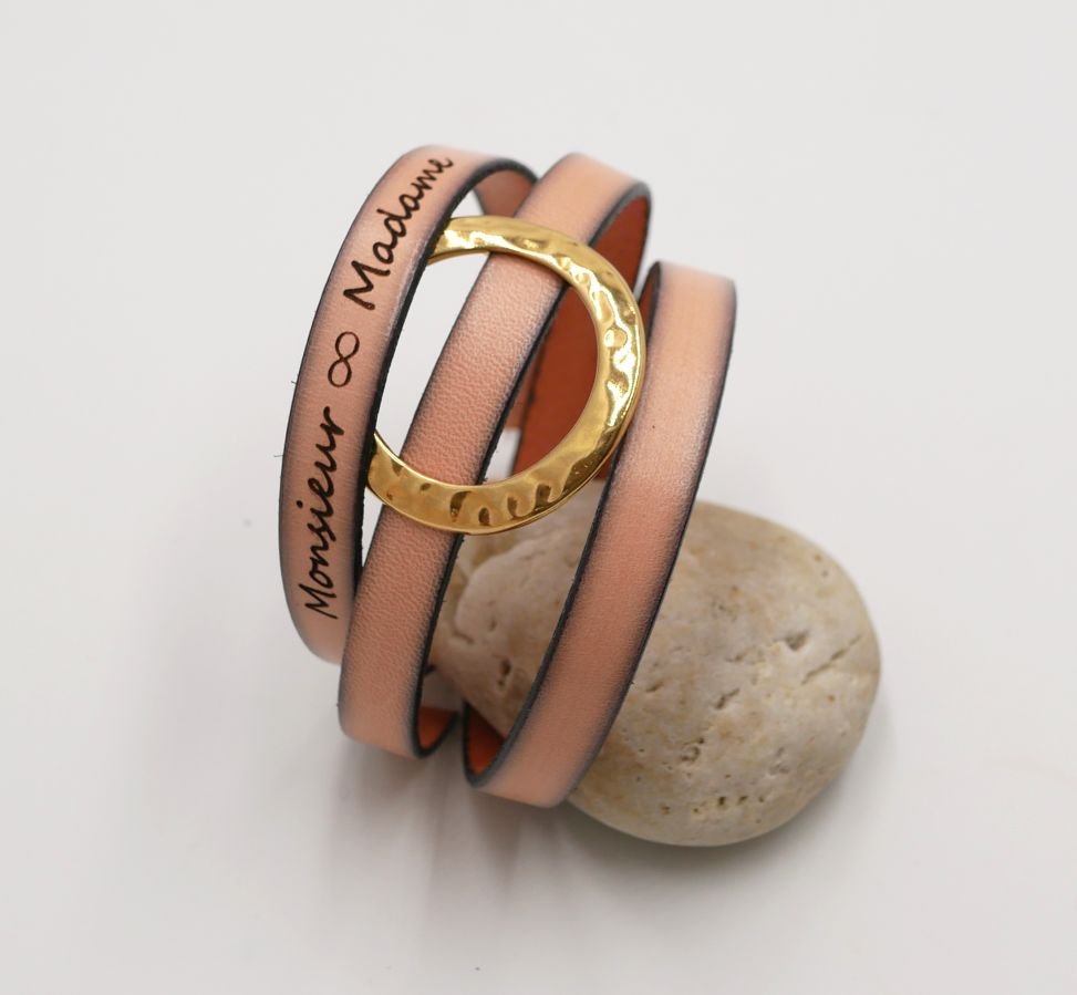 Leather bracelet large gold ring customizable 3 turns of the wrist