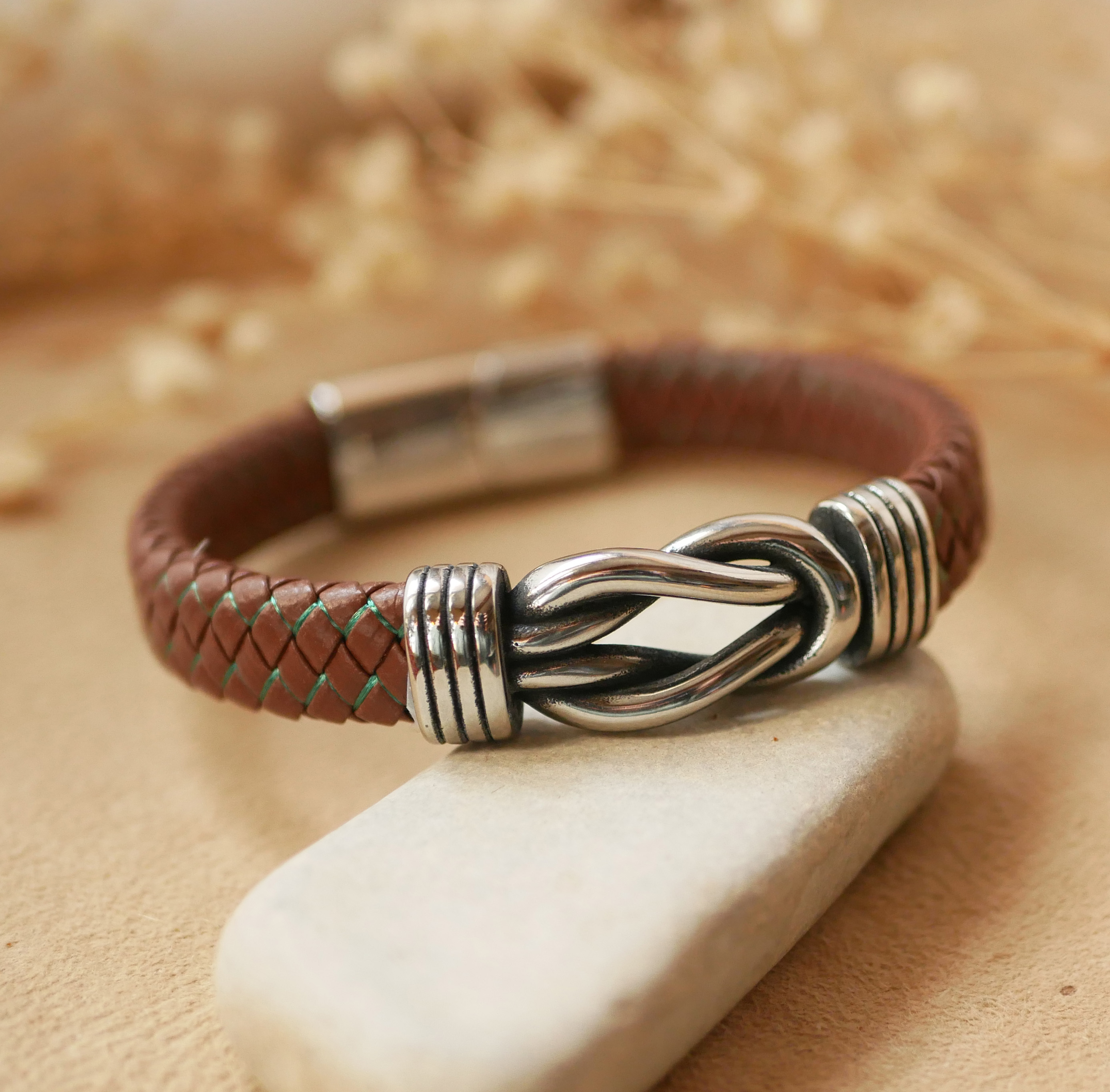 Brown leather bracelet with Celtic knot and magnetic steel clasp